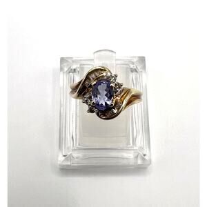 Vintage 10K Gold Oval Tanzanite Ring Accent Baguette Diamonds 6.75